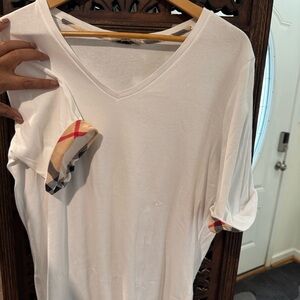 Burberry White V-Neck Short Sleeve Top with Plaid Trim